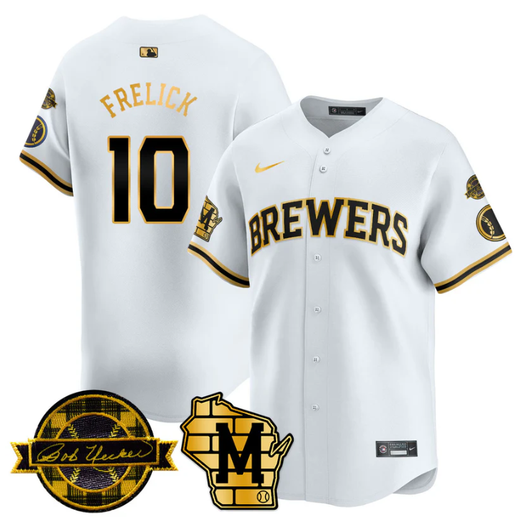 Sal Frelick Jersey #10 Milwaukee Brewers 2025 Limited Bob Uecker Patch Stitched White Gold