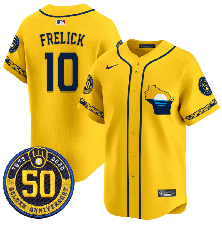 Sal Frelick Jersey #10 Milwaukee Brewers Golden 50th Anniversary Patch Stitched Gold