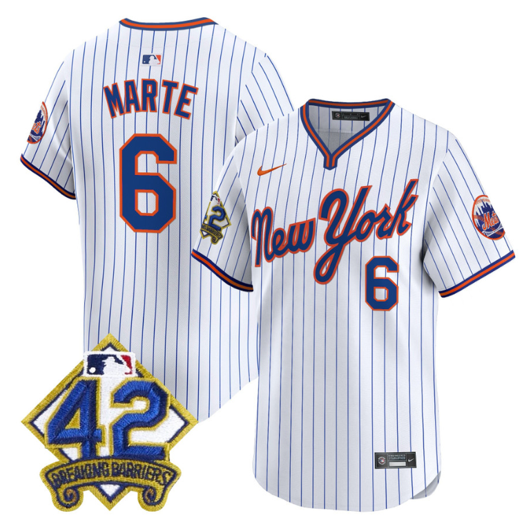 Starling Marte Jersey #6 New York Mets 2025 Jackie Robinson Patch Road Alternate Stitched Pinstripe