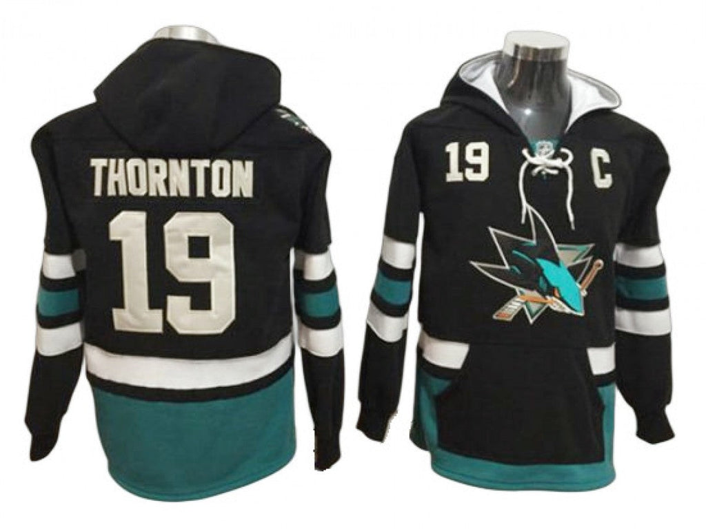 San Jose Sharks #19 Joe Thornton Black One Front Pocket Pullover Hoodie