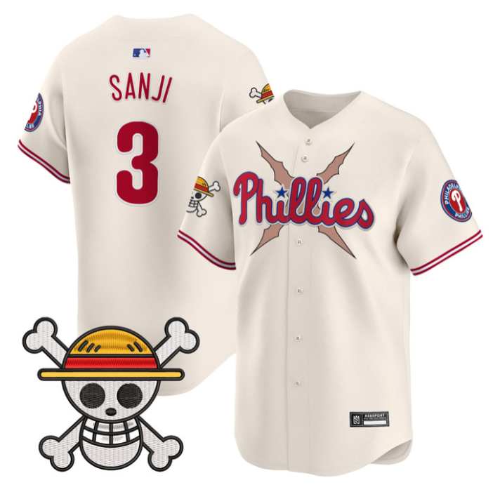 Sanji Jersey #3 Philadelphia Phillies One Piece 2025 Limited Stitched Cream