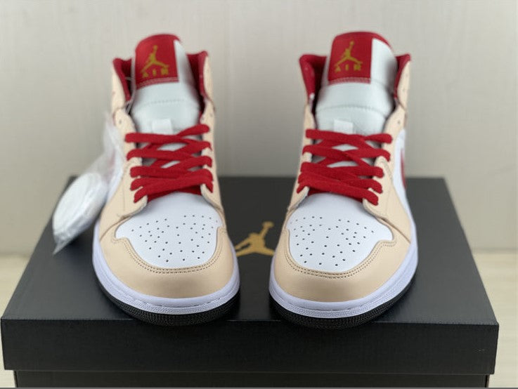 Air Jordan 1 Mid Beige White Red Shoes Sneakers