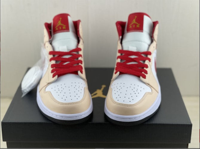 Air Jordan 1 Mid Beige White Red Shoes Sneakers