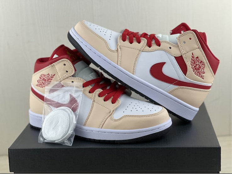 Air Jordan 1 Mid Beige White Red Shoes Sneakers