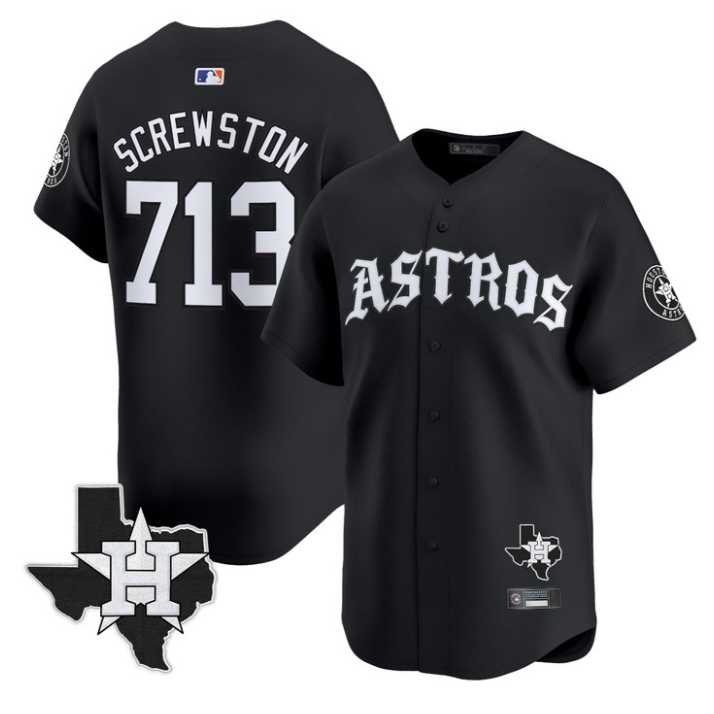Screwston Jersey #713 Houston Astros Old English Edition Stitched Black