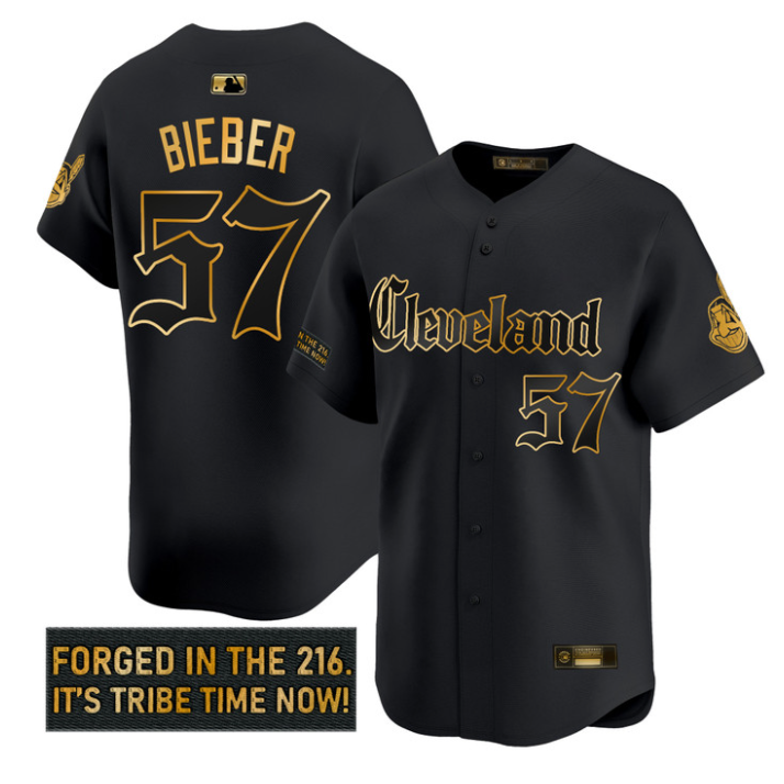 Shane Bieber Jersey #57 Cleveland Indians Gothic Iron Edition Stitched Black Gold