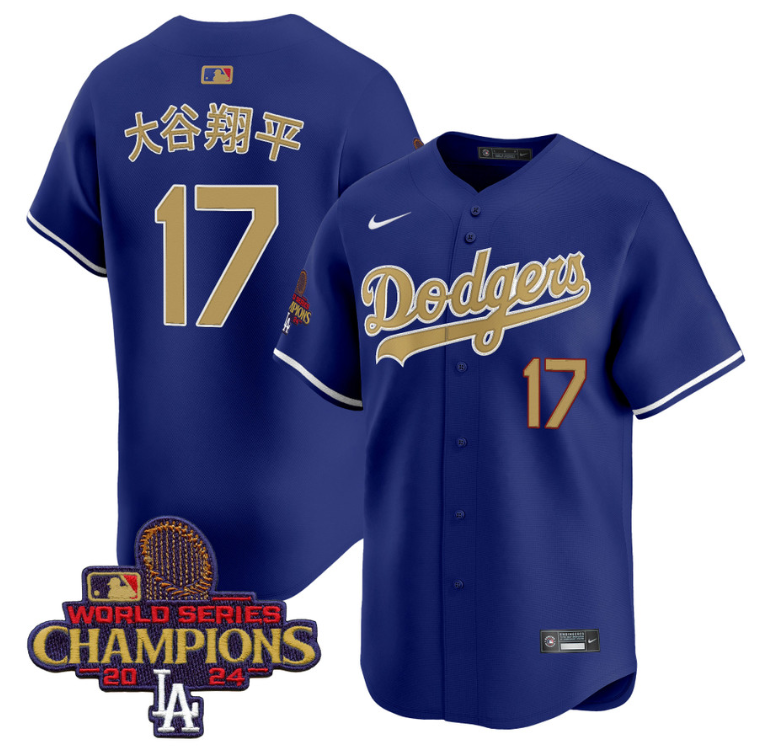 Shohei Ohtani (Kanji) Jersey #17 Dodgers 2025 Gold Vapor Premier Stitched Royal