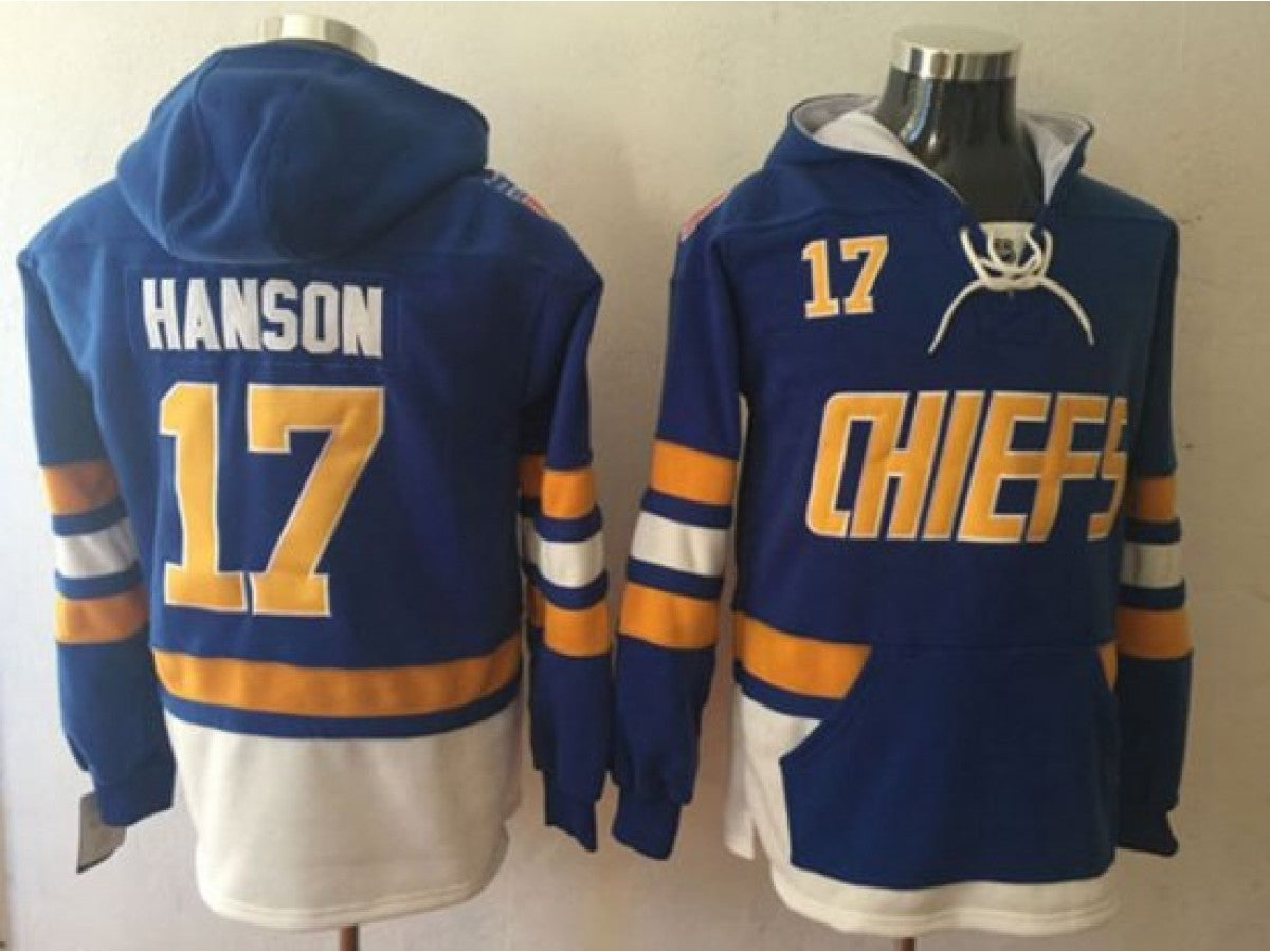 Slap Shot Charlestown Chiefs #17 Steve Hanson Blue One Front Pocket Pullover Hoodie