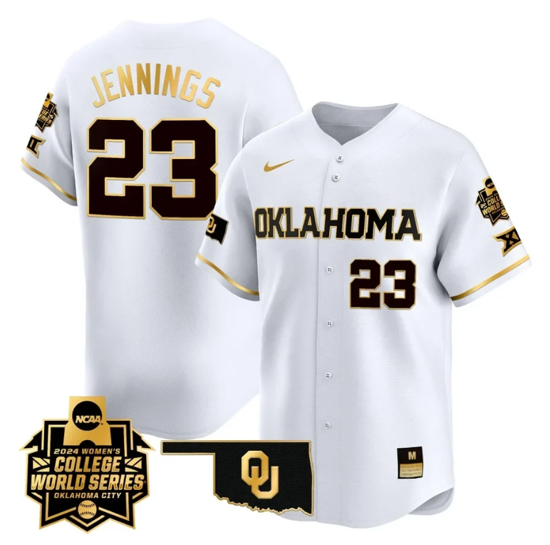 Tiare Jennings Jersey #23 Oklahoma Sooners 2024 College World Series Patch Vapor Premier Limited NCAA Baseball Stitched White Gold