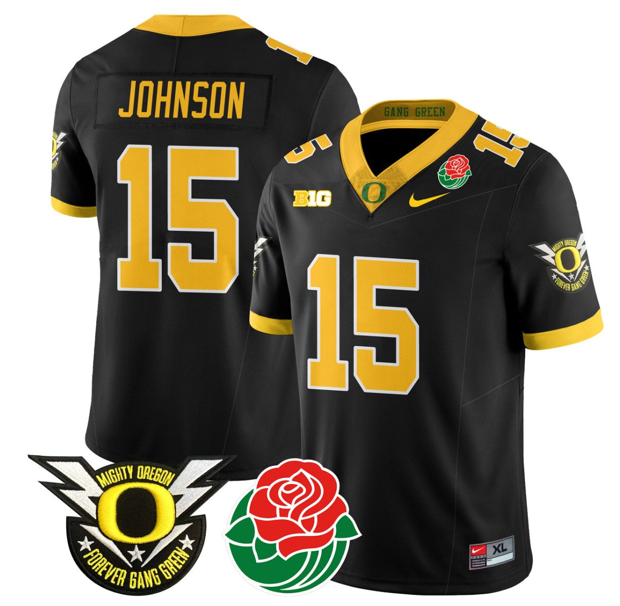 Tez Johnson Jersey #15 Oregon Ducks 2024 Mighty Rose Bowl Patch N2 Black