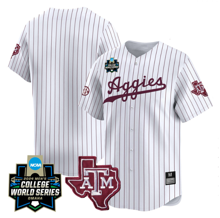 Texas AM Aggies Team Jersey 2024 College World Series Vapor Premier Limited NCAA Baseball Stitched White Pinstripe