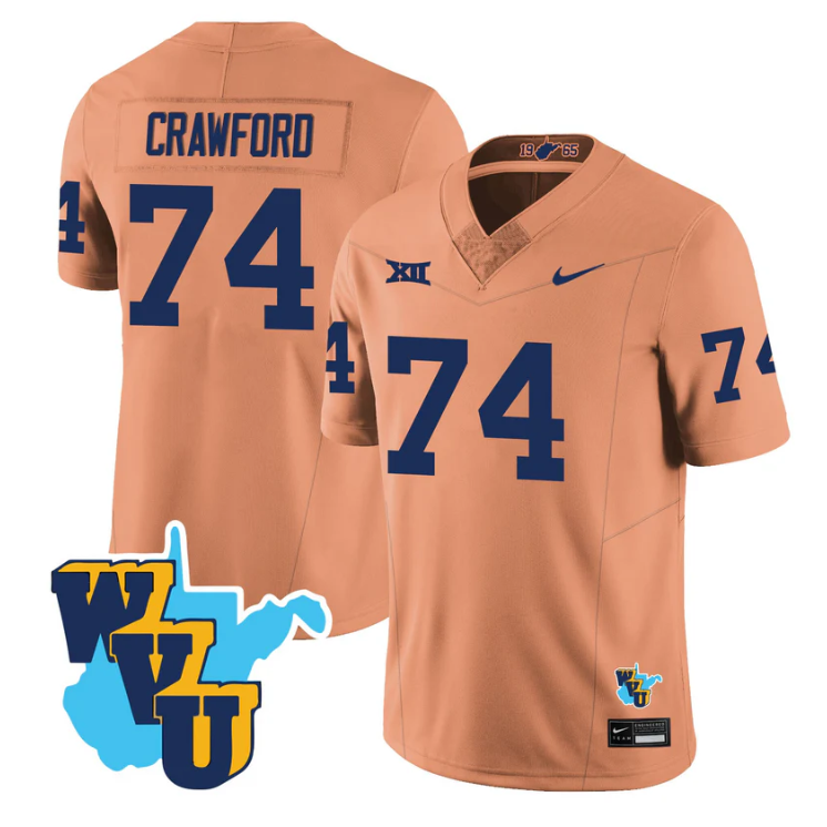 Ty'Kieast Crawford Jersey #74  West Virginia Mountaineers 1965-2025 Throwback Gold