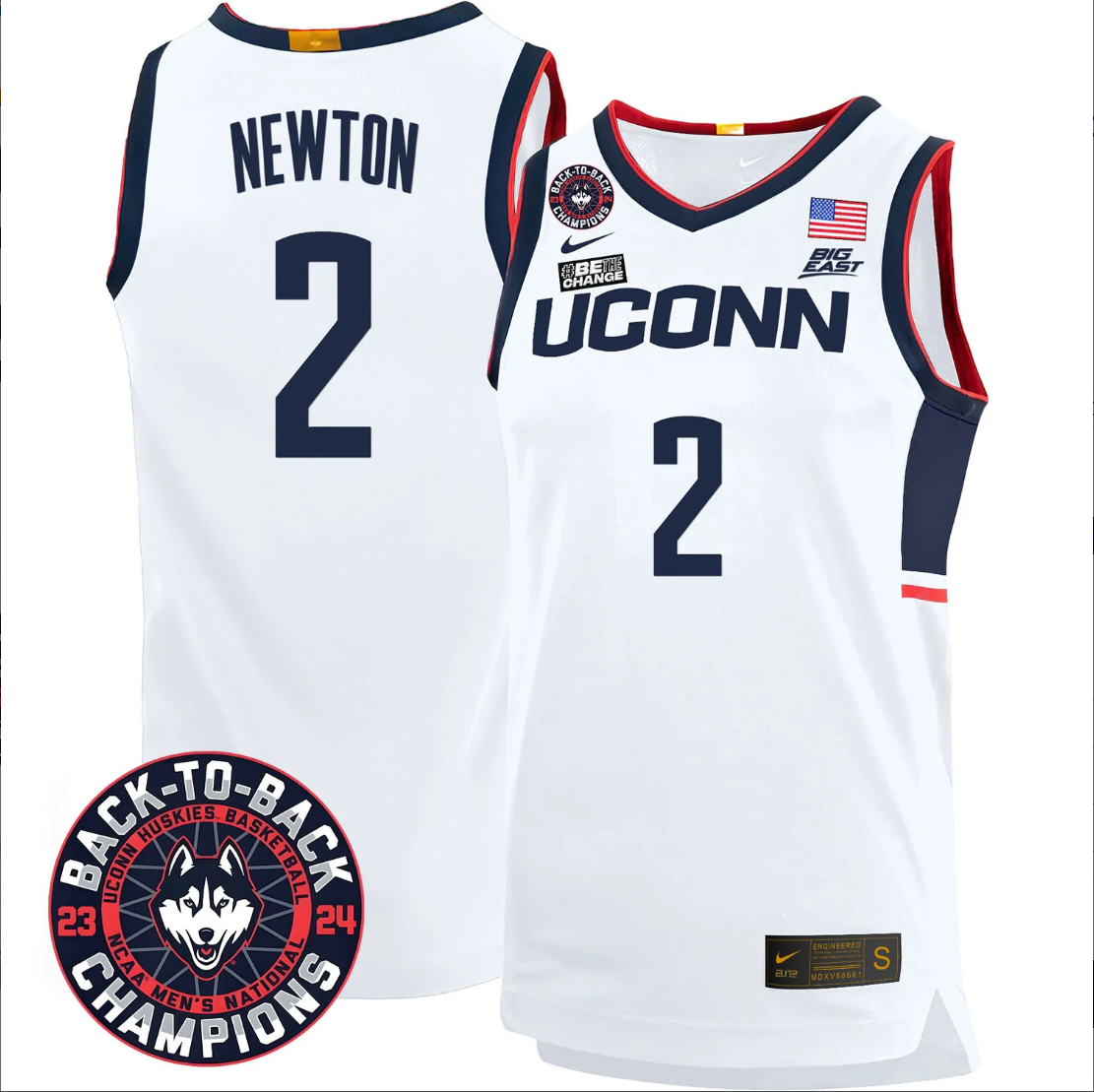 Tristen Newton Jersey #2 UConn Huskies Basketball 2024 Back To Back Champions Patch White Home
