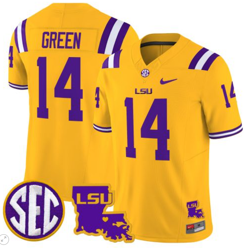 Trey'Dez Green Jersey #14 LSU Tigers 2024 Louisiana Patch Vapor Limited College Football Stitched Gold