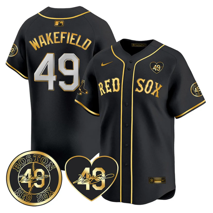 Tim Wakefield Jersey #49 Boston Red Sox Tim Wakefield Memorial Patch Stitched Black Gold