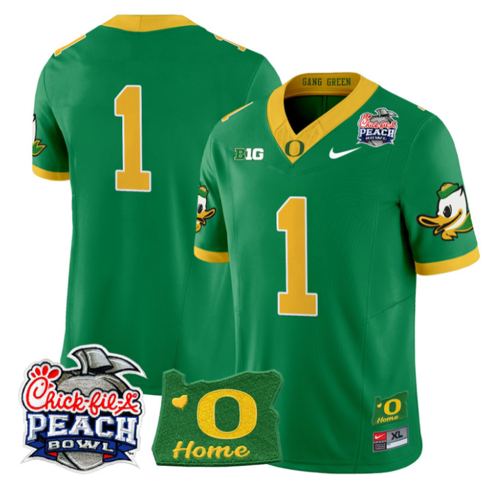 Team Jersey #1 Oregon Ducks 2026 Peach Bowl Oregon State Stitched Green