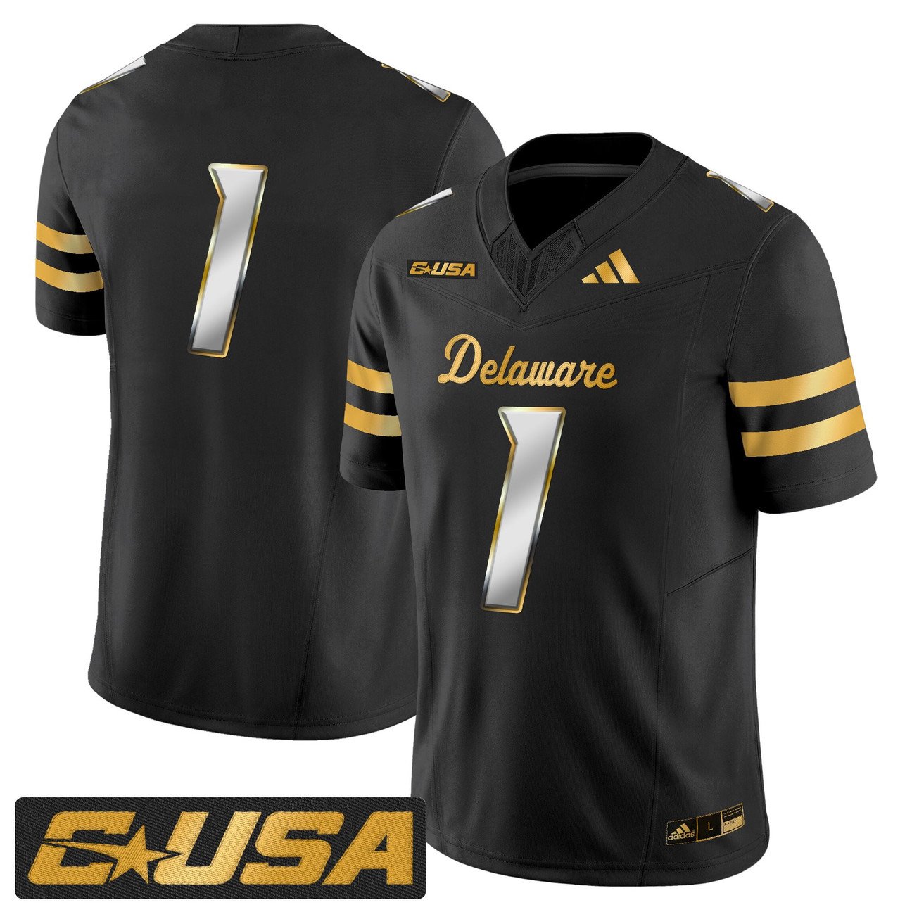 Team Jersey #1 Delaware Blue Hens 2025 Gold Vapor Limited Stitched