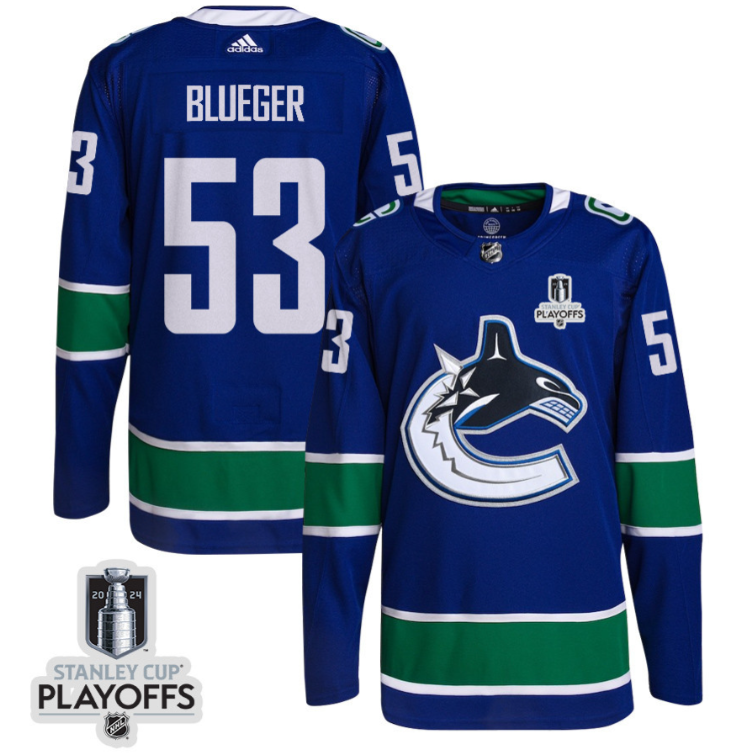 Teddy Blueger 53 Vancouver Canucks 2024 NHL Playoffs Patch Home Jersey - Men, Blue