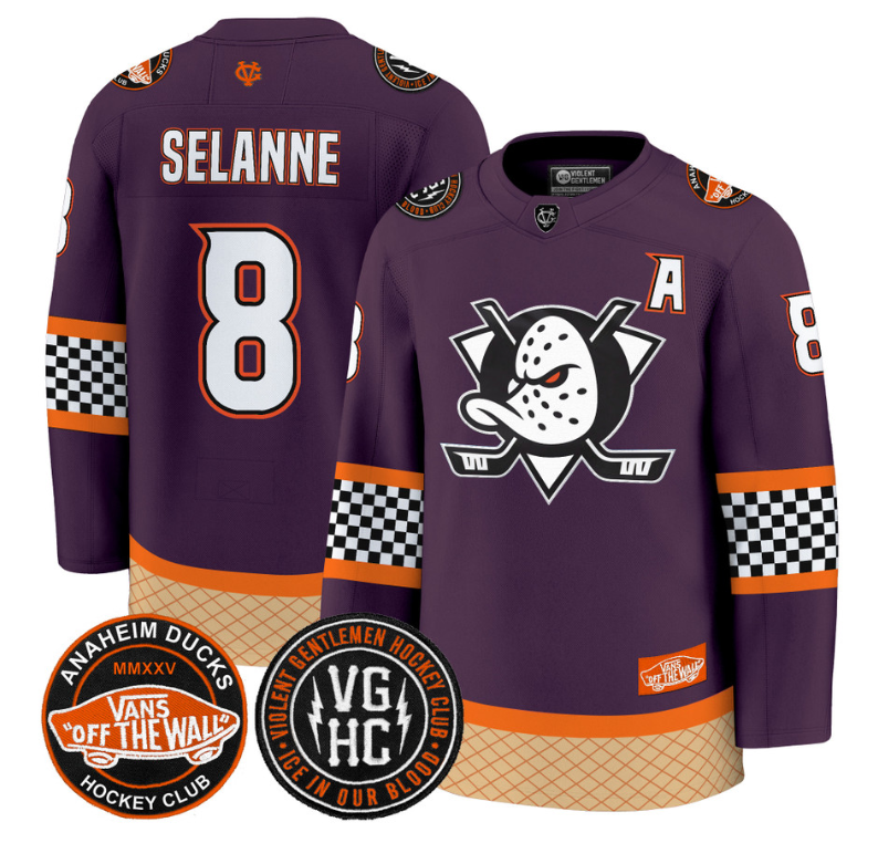 Teemu Selänne Jersey #8 Anaheim Ducks Checkerboard 2025 Premium Stitched Purple