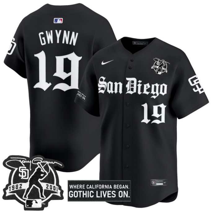 Tony Gwynn Jersey #19 San Diego Padres Gothic Edition Vapor Limited Stitched Black