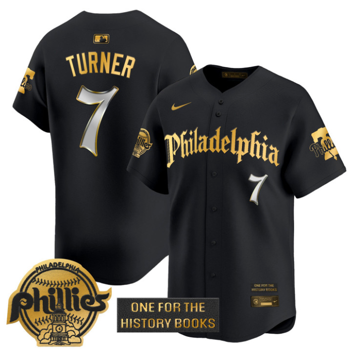 Trea Turner Jersey #7 Phillies Retro Newspaper Edition Gold Vapor Premier Stitched Black Gold
