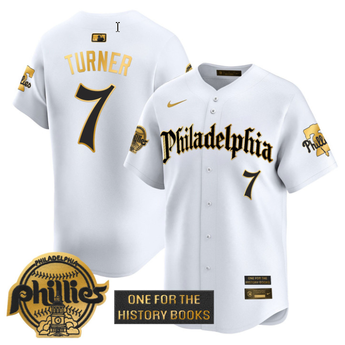 Trea Turner Jersey #7 Phillies Retro Newspaper Edition Gold Vapor Premier Stitched White Gold