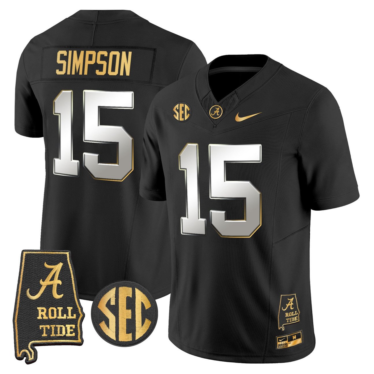 Ty Simpson Jersey #15 Alabama Crimson Tide 2025 Gold Vapor Stitched