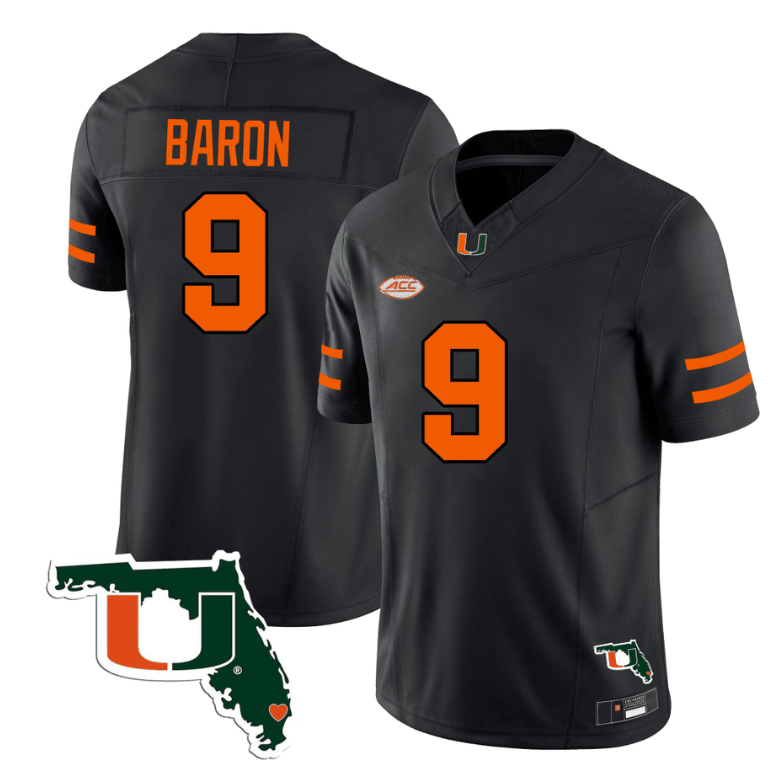 Tyler Baron Jersey #9 Miami Hurricanes Florida Map College Football Stitched Black
