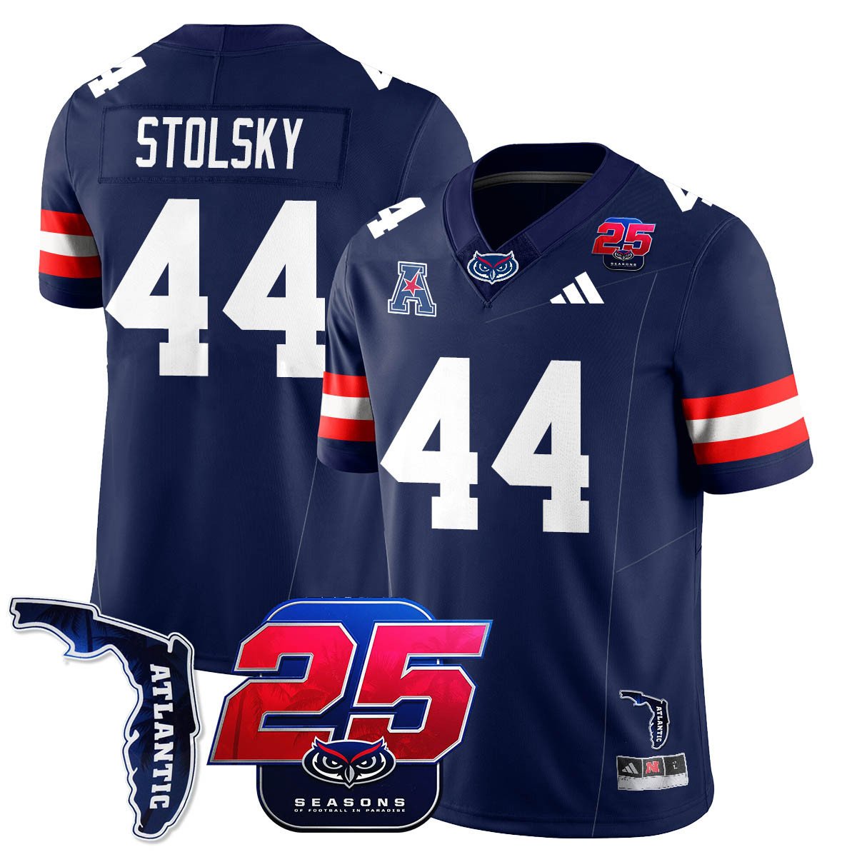 Tyler Stolsky Jersey #44 Florida Atlantic Football 25th Season Stitched Navy