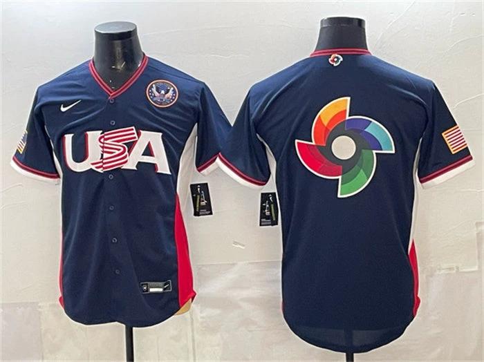 USA Baseball Jersey Team Big Logo Navy 2026 World Baseball Classic United States 250th Anniversary Patch Road Stadium Stitched