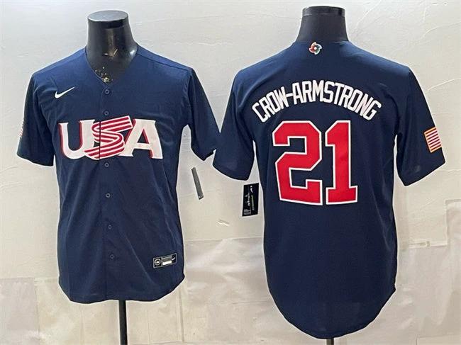 USA Baseball #21 Pete Crow-Armstrong Navy World Baseball Classic Stitched Jersey