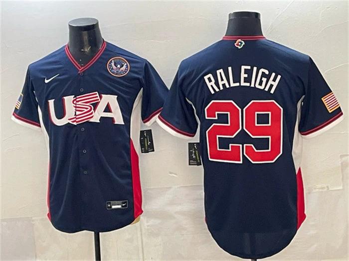USA Baseball #29 Cal Raleigh Jersey Navy 2026 World Baseball Classic United States 250th Anniversary Patch Road Stadium Stitched