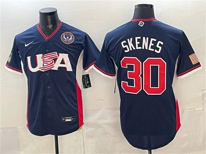USA Baseball #30 Paul Skenes Jersey Navy 2026 World Baseball Classic United States 250th Anniversary Patch Road Stadium Stitched