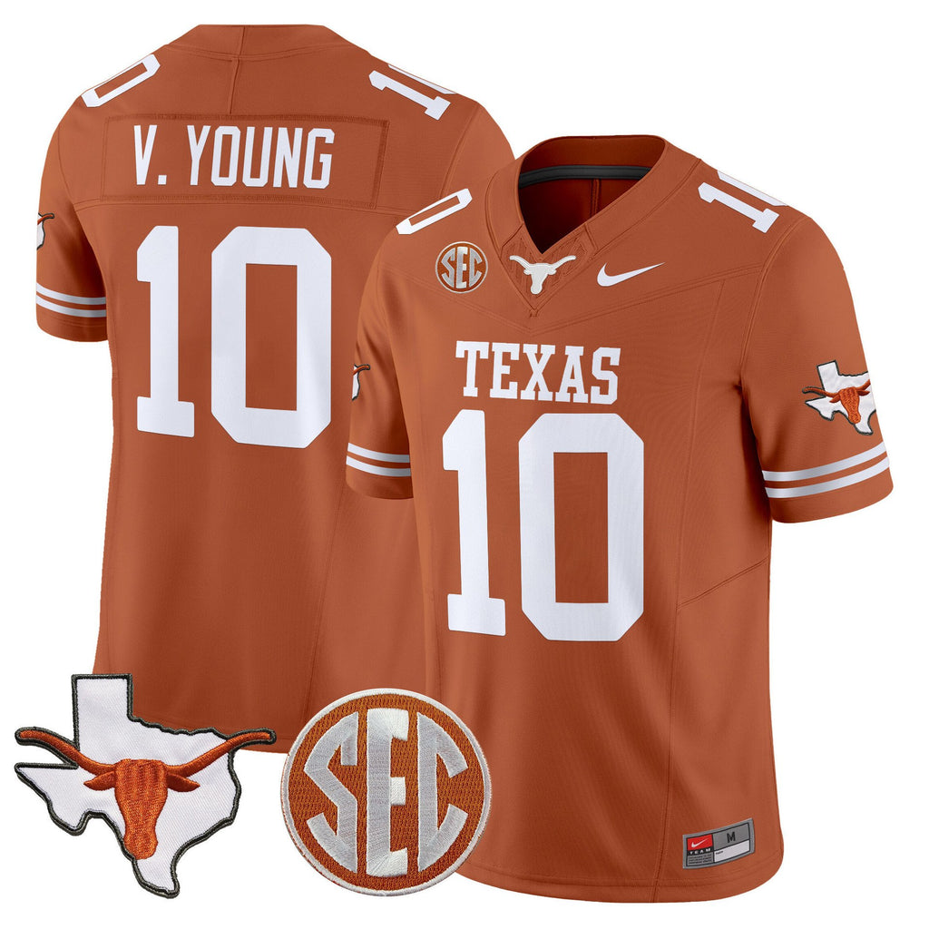 Vince Young Jersey #10 Texas Longhorns 2025 State Map SEC Patch Texas Orange