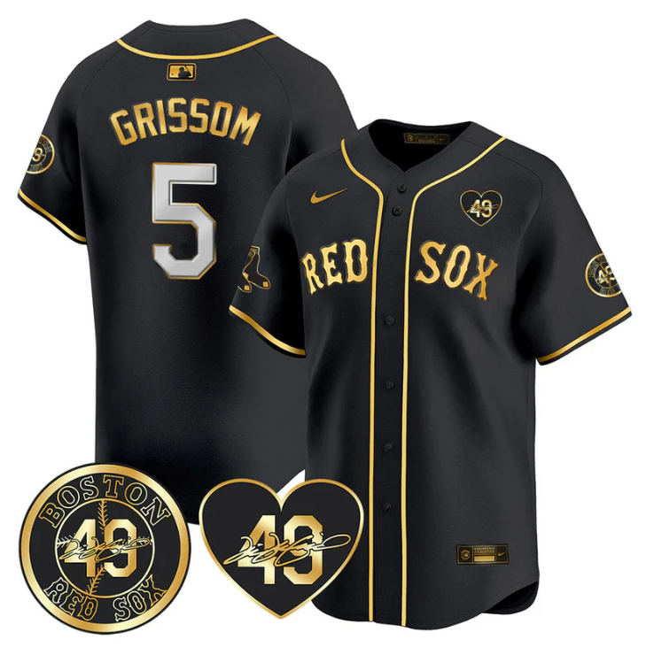 Vaughn Grissom Jersey #5 Boston Red Sox Tim Wakefield Memorial Patch Stitched Black Gold