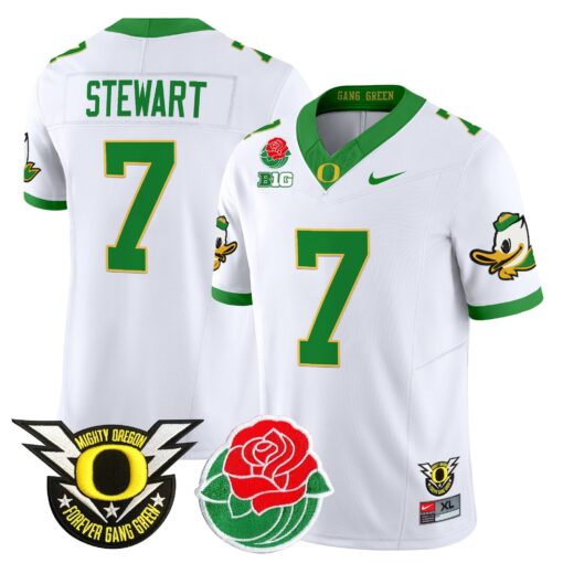 Evan Stewart Jersey #7 Oregon Ducks 2025 Rose Bowl Game Patch Vapor White