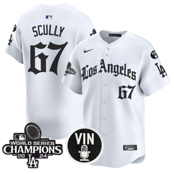 Vin Scully Jersey #67 Dodgers 2025 LA Gothic Style Vapor Premier Limited Stitched White