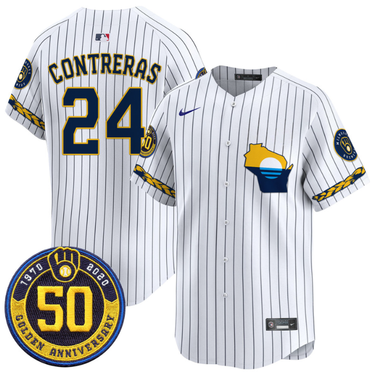 William Contreras Jersey #24 Milwaukee Brewers Golden 50th Anniversary Patch Stitched Pinstripe