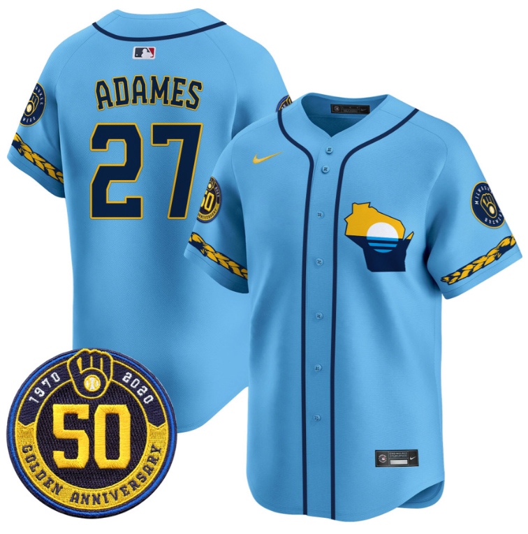 Willy Adames Jersey #27 Milwaukee Brewers Golden 50th Anniversary Patch Stitched Blue