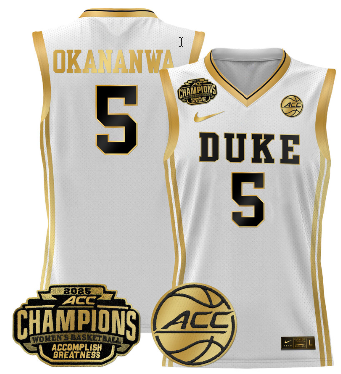 Women's Oluchi Okananwa Jersey #5 Duke Blue Devils 2025 ACC Champions White Gold