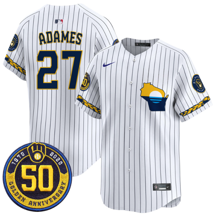 Willy Adames Jersey #27 Milwaukee Brewers Golden 50th Anniversary Patch Stitched Pinstripe