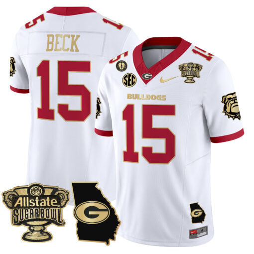 Carson Beck Jersey #15 Georgia Bulldogs 2025 Sugar Bowl Patch Vapor White Gold Trim