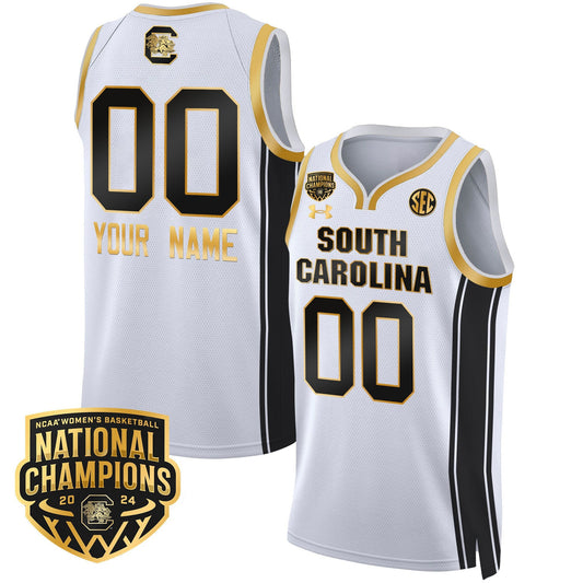 Custom South Carolina Gamecocks Basketball Jersey Name and Number 2024 National Champions All Stitched White Gold