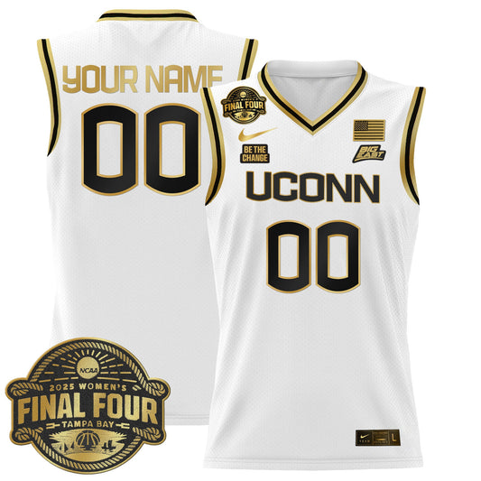 Custom UConn Huskies Jersey 2025 Big Eat Final Four Patch Stitched White Gold