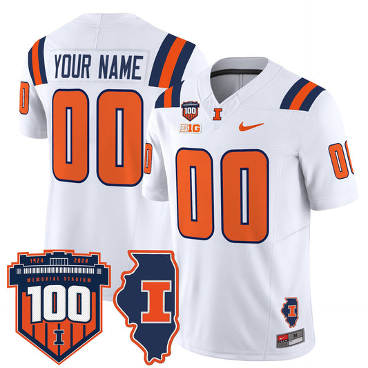 Custom Illinois Fighting Jersey Name, Number 100th Memorial Stadium White