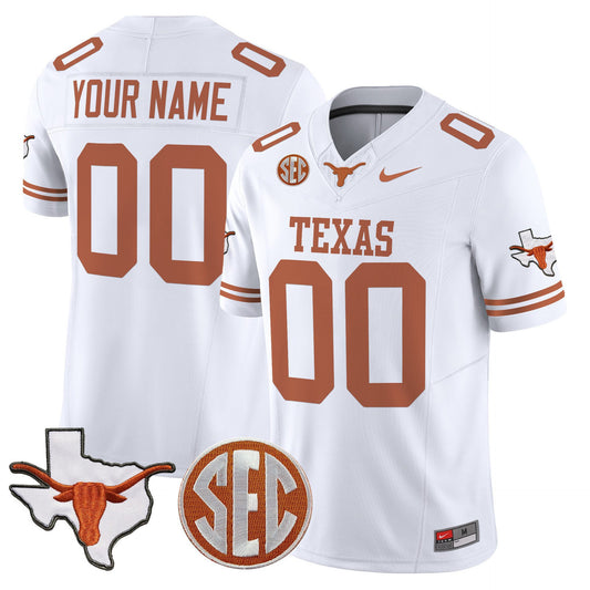Custom Texas Longhorns Jersey 2025 State Map SEC Patch Stitched White