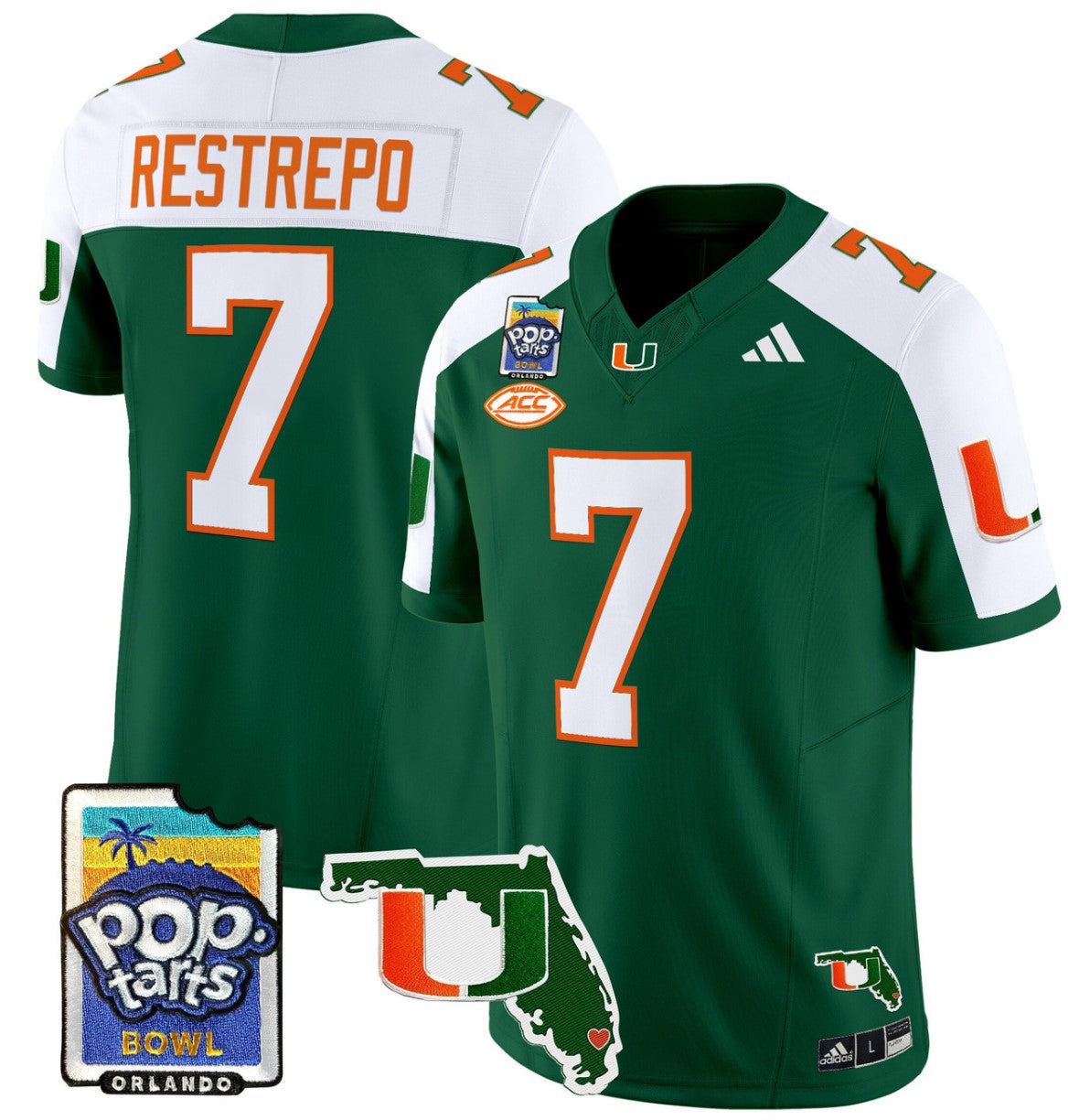 Xavier Restrepo Jersey #7 Miami Hurricanes 2025 PopTarts Bowl Patch Green Alternate