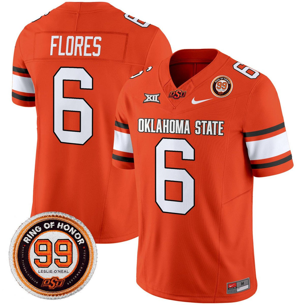 Zane Flores Jersey #6 Oklahoma State Cowboys 2025 Leslie O'neal Patch Orange