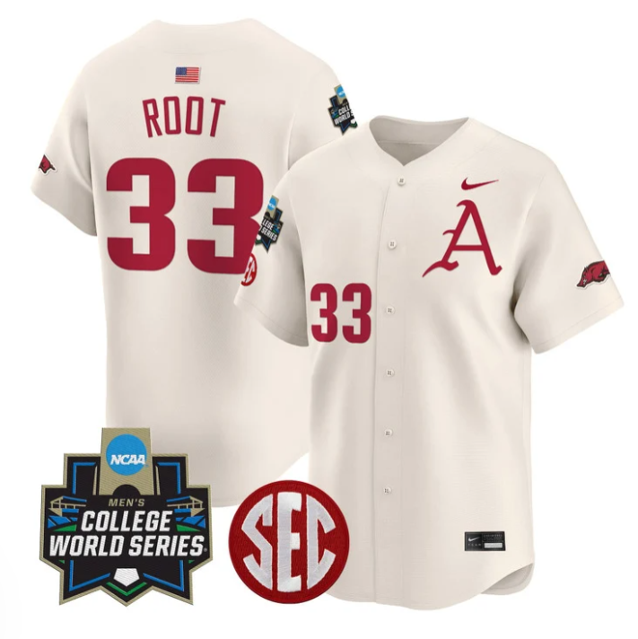 Zach Root Jersey #33 Arkansas Razorbacks 2025 World Series Stitched Cream