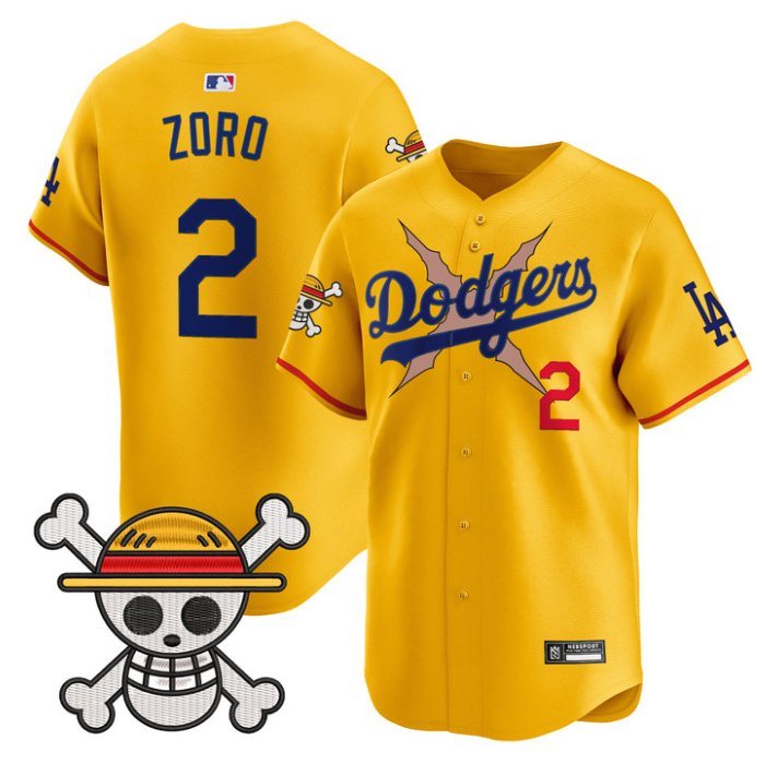 Zoro Jersey #2 Los Angeles Dodgers One Piece 2025 Vapor Limited Stitched Gold